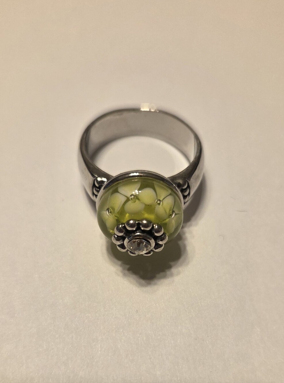 Green Floral Lampworked Glass Ring Size 10